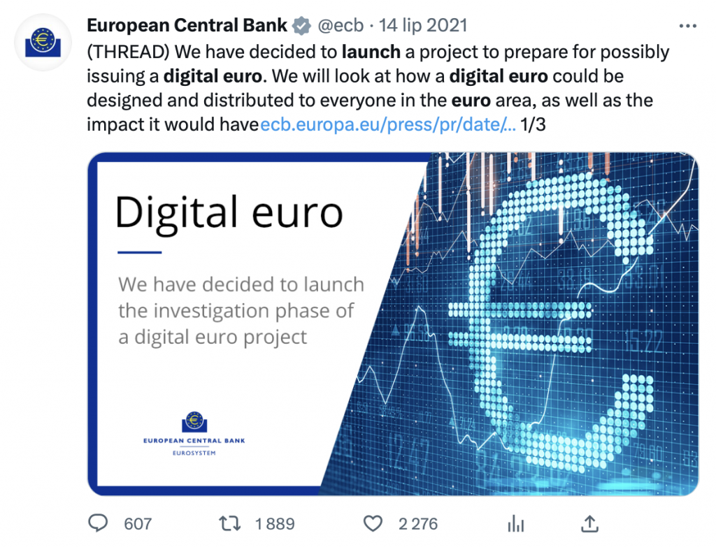 Tweet ECB o projekcie cyfrowego euro. Do wprowadzenia waluty potrzebny jest kryzys.